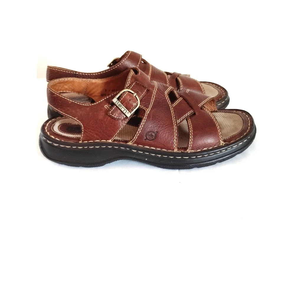 Born Brown Leather Fisherman Sandals Men 9 Comfort Footbed Beach Resort Preppy